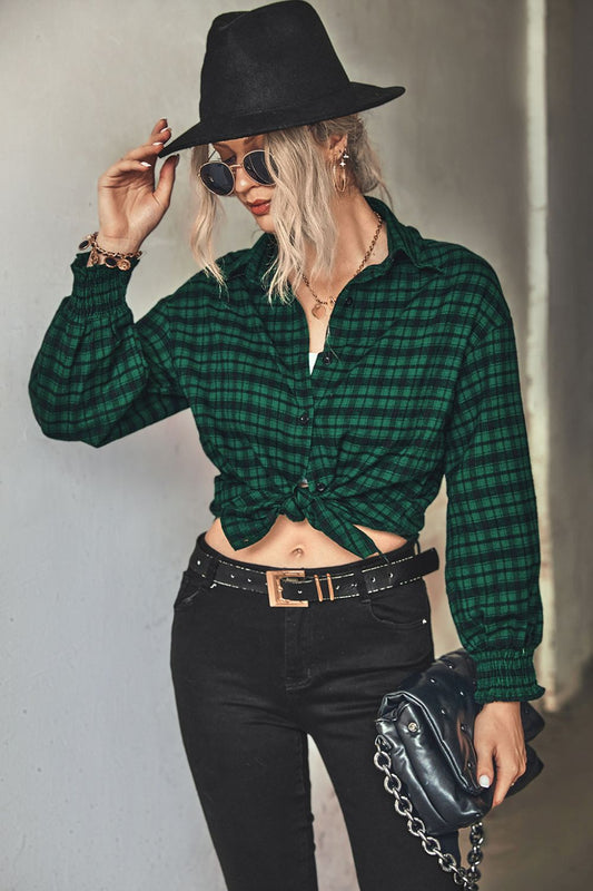 Plaid Button Front Dropped Shoulder Shirt Print on any thing USA/STOD clothes