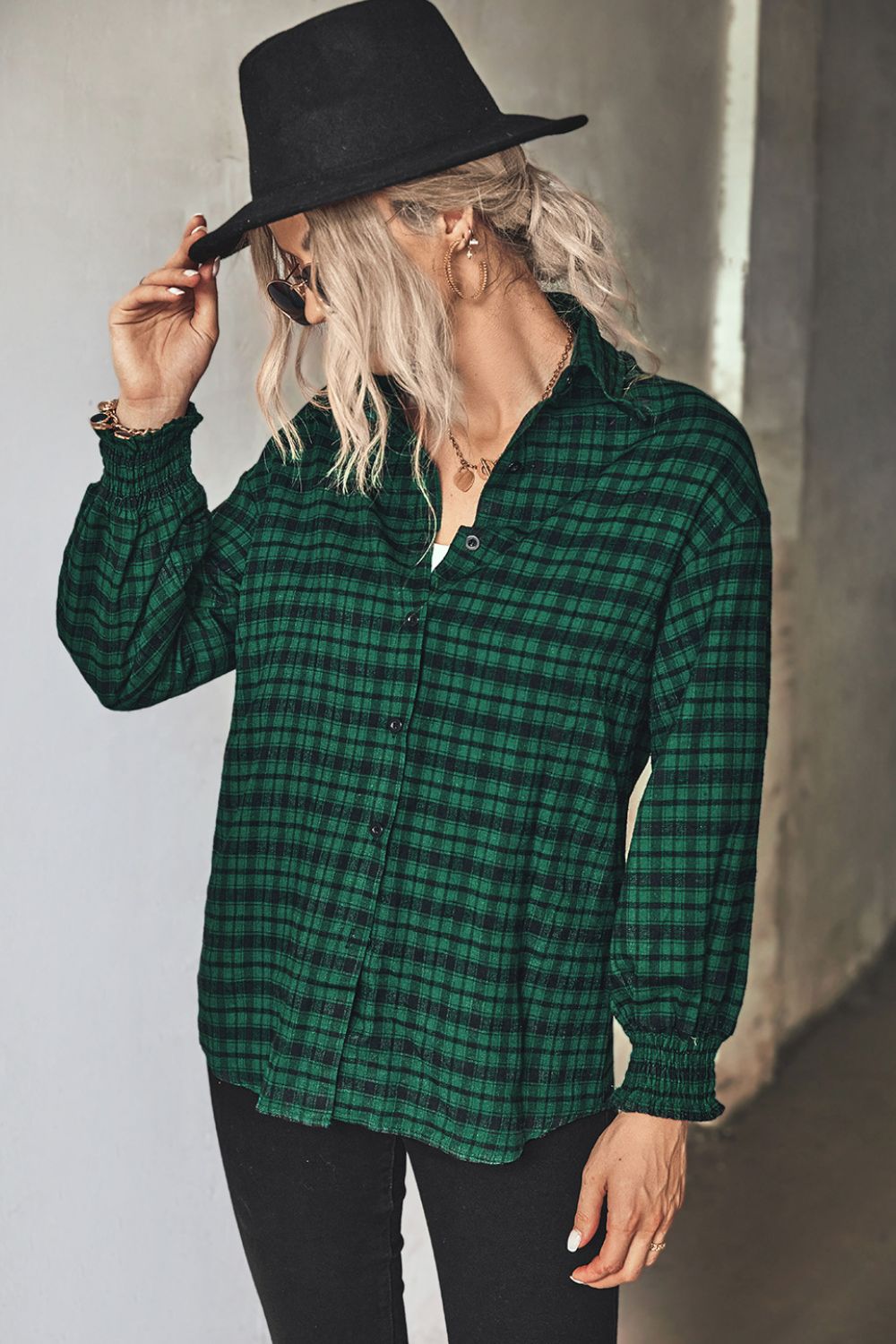 Plaid Button Front Dropped Shoulder Shirt Print on any thing USA/STOD clothes