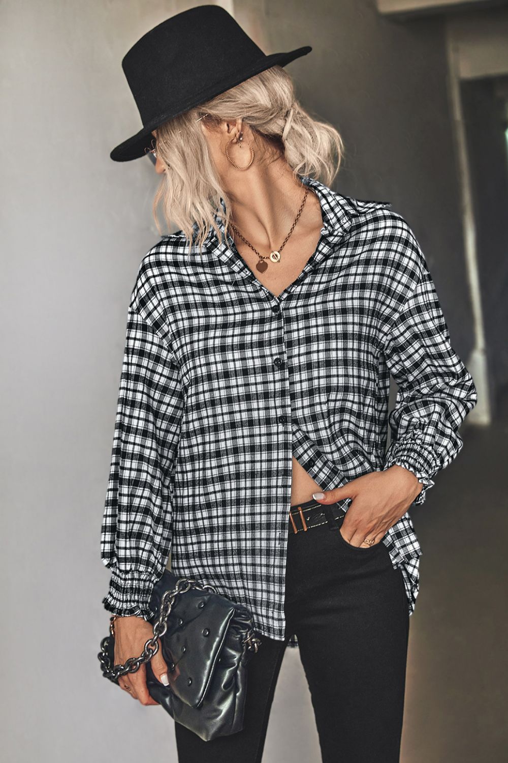 Plaid Button Front Dropped Shoulder Shirt Print on any thing USA/STOD clothes