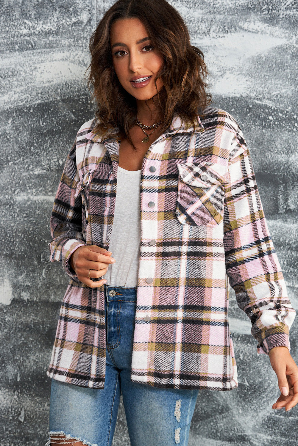 Plaid Button Front Shirt Jacket with Breast Pockets Print on any thing USA/STOD clothes