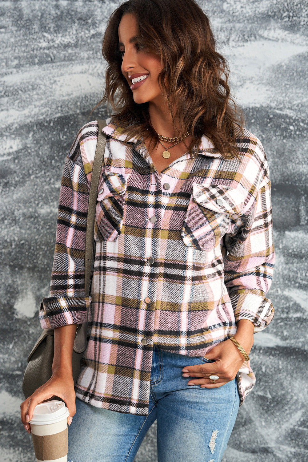 Plaid Button Front Shirt Jacket with Breast Pockets Print on any thing USA/STOD clothes