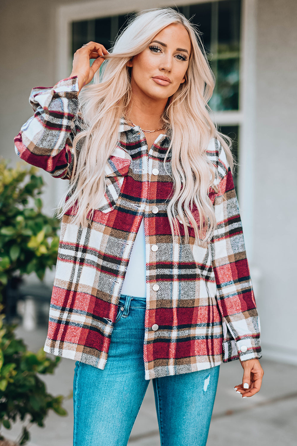Plaid Button Front Shirt Jacket with Breast Pockets Print on any thing USA/STOD clothes