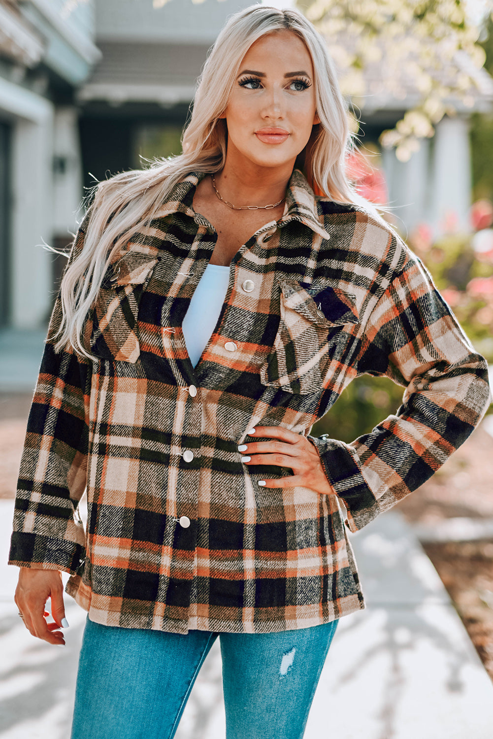 Plaid Button Front Shirt Jacket with Breast Pockets Print on any thing USA/STOD clothes