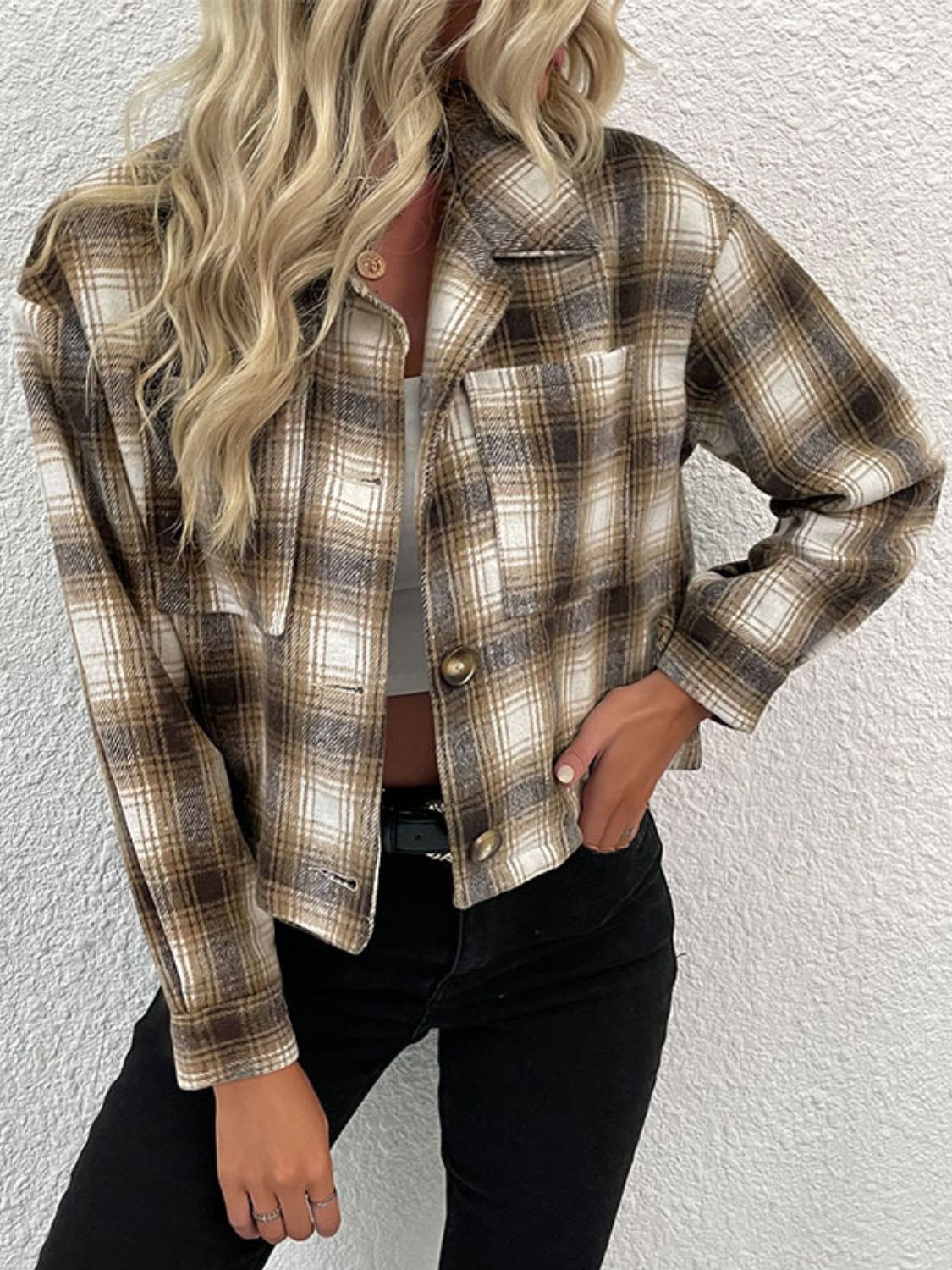 Plaid Button-Up Dropped Shoulder Shacket Print on any thing USA/STOD clothes