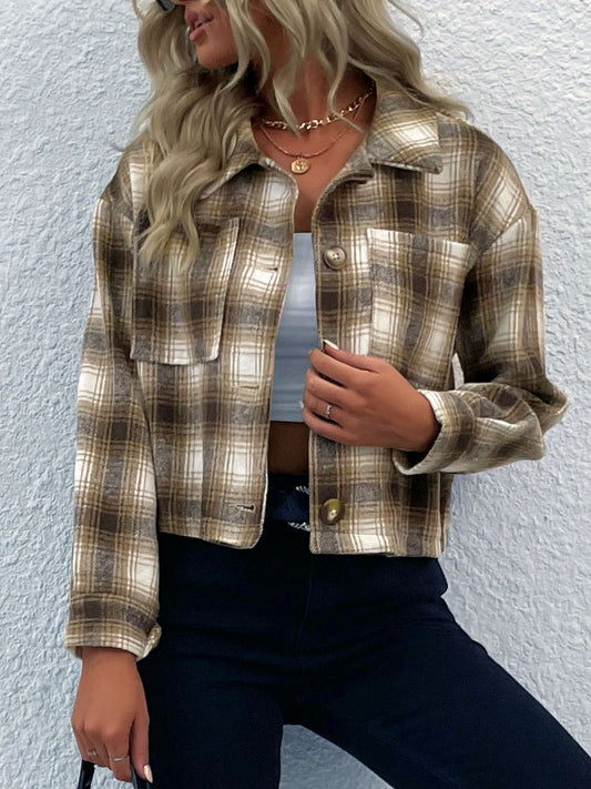 Plaid Button-Up Dropped Shoulder Shacket Print on any thing USA/STOD clothes