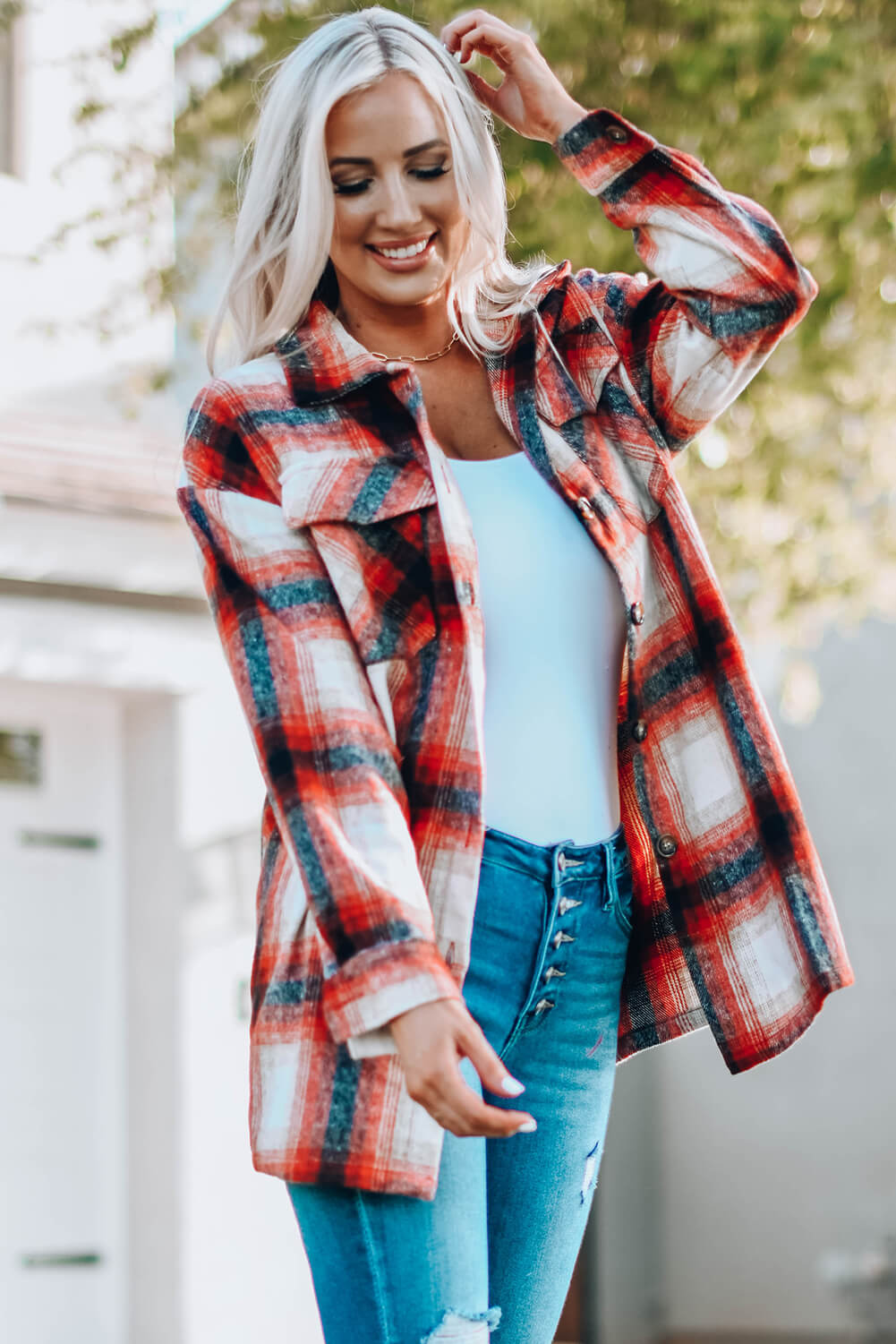 Plaid Button Up Shirt Jacket with Pockets Print on any thing USA/STOD clothes