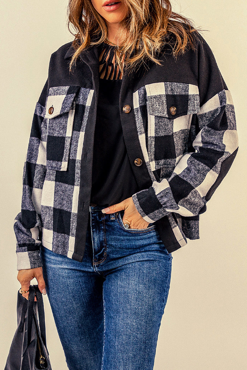 Plaid Button-Up Shirt Jacket with Pockets Print on any thing USA/STOD clothes