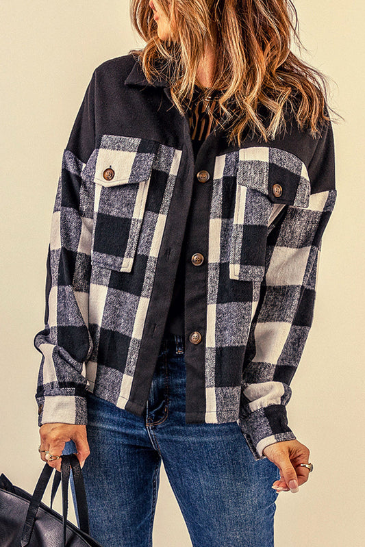 Plaid Button-Up Shirt Jacket with Pockets Print on any thing USA/STOD clothes