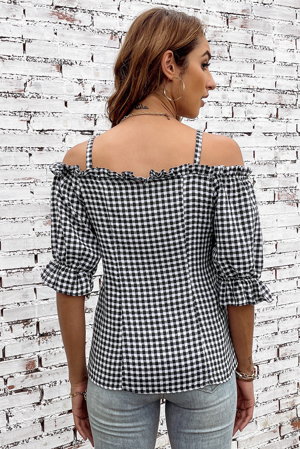 Plaid Buttoned Sweetheart Neck Cold-Shoulder Top Print on any thing USA/STOD clothes