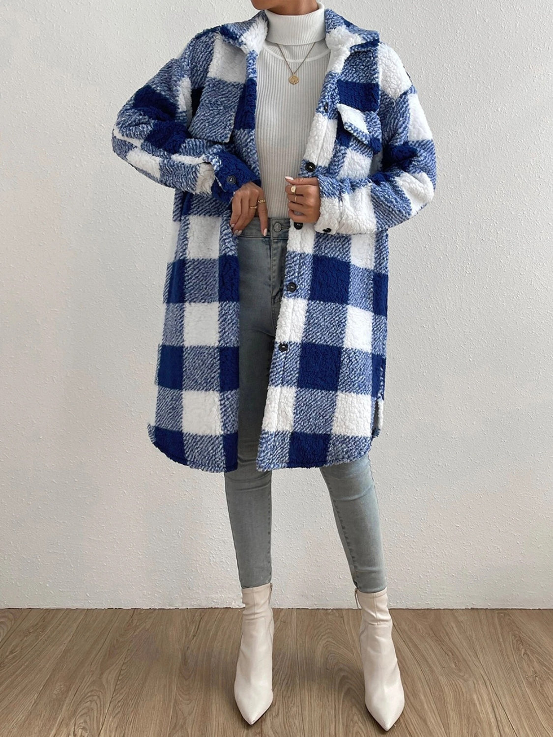Plaid Collared Neck Button Down Coat Print on any thing USA/STOD clothes