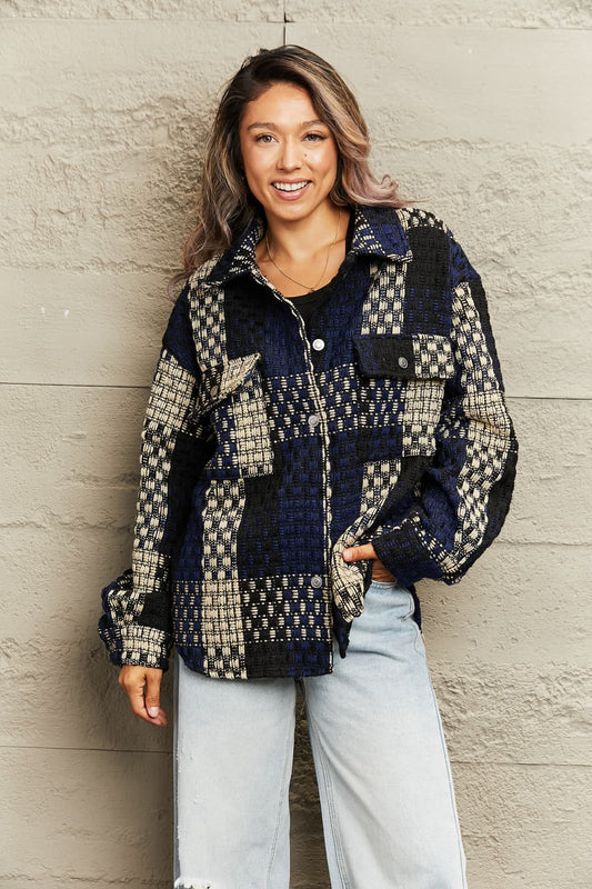 Plaid Collared Neck Drop Shoulder Jacket Print on any thing USA/STOD clothes