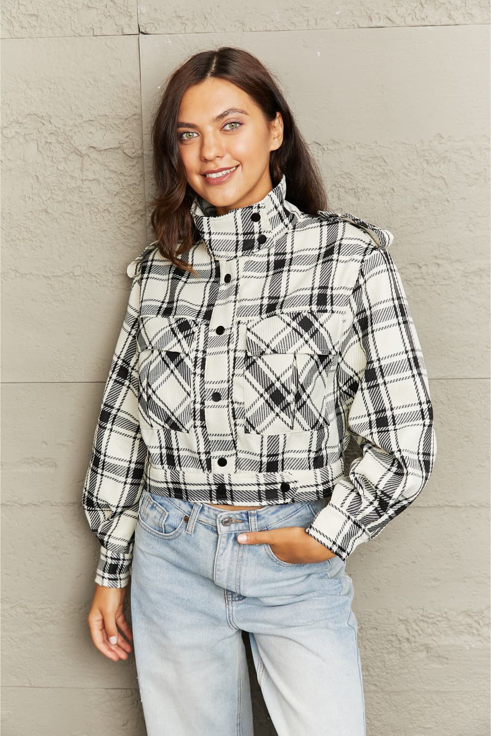 Plaid Collared Neck Long Sleeve Jacket Print on any thing USA/STOD clothes