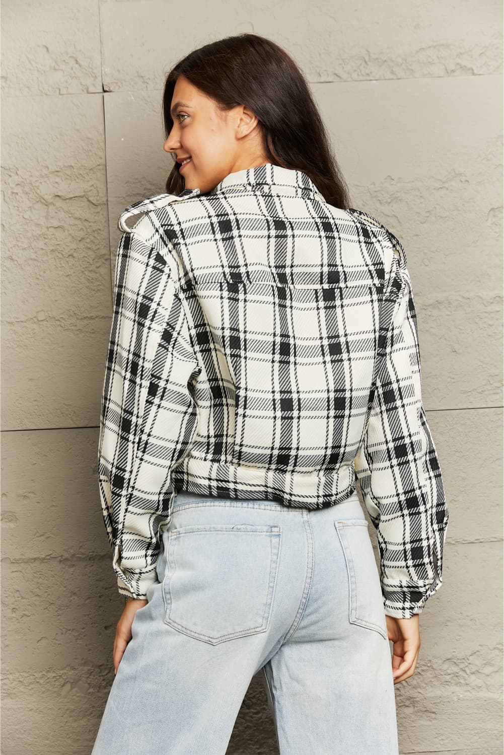 Plaid Collared Neck Long Sleeve Jacket Print on any thing USA/STOD clothes