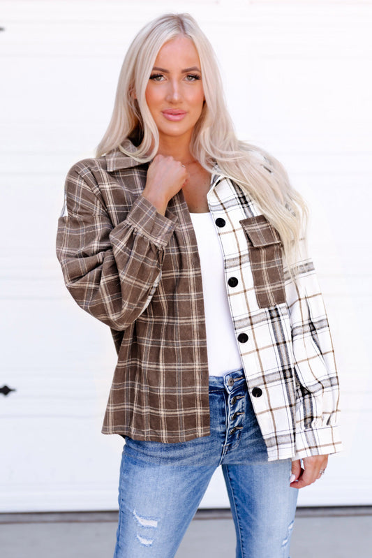 Plaid Contrast Button Up Shirt Jacket Print on any thing USA/STOD clothes