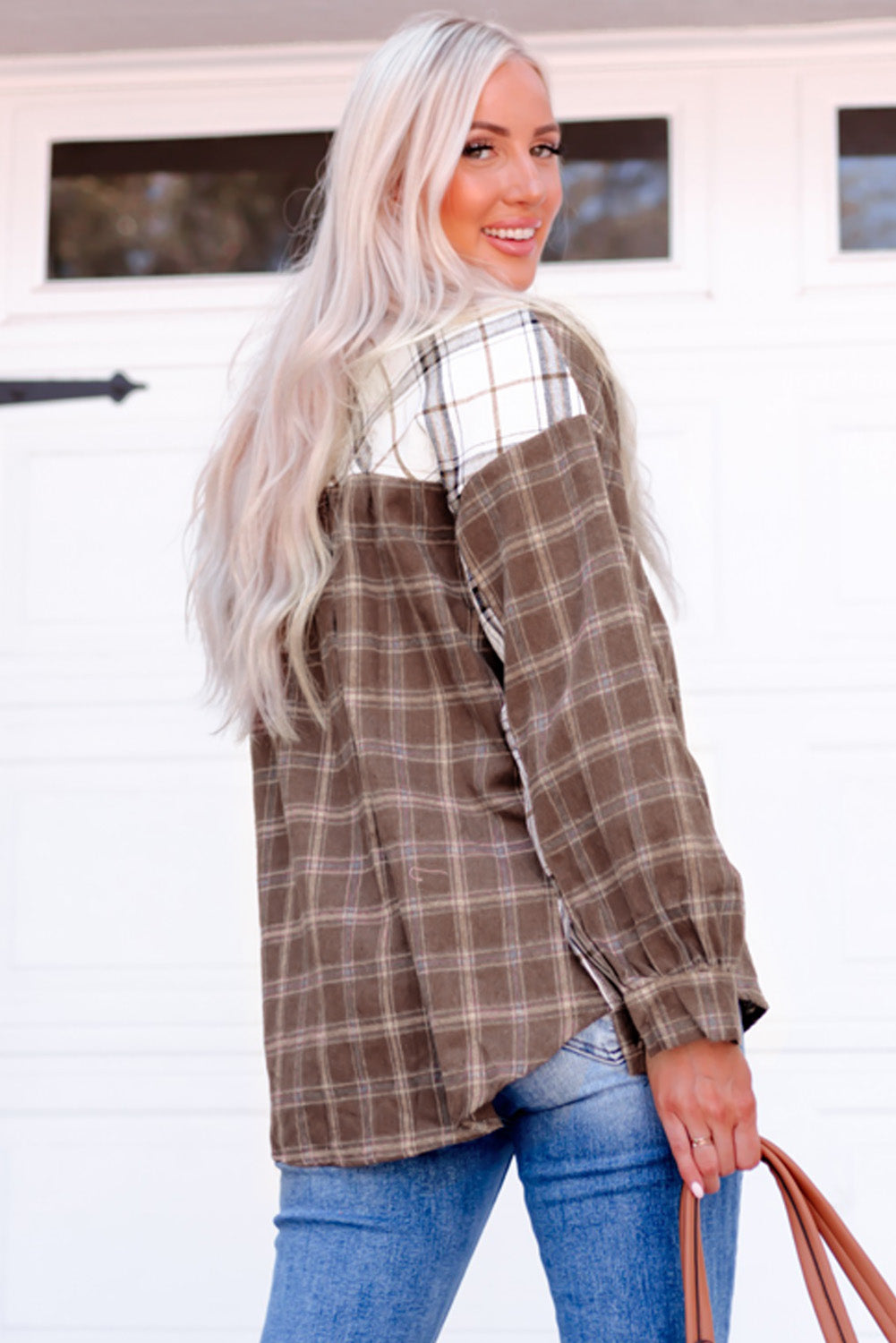 Plaid Contrast Button Up Shirt Jacket Print on any thing USA/STOD clothes