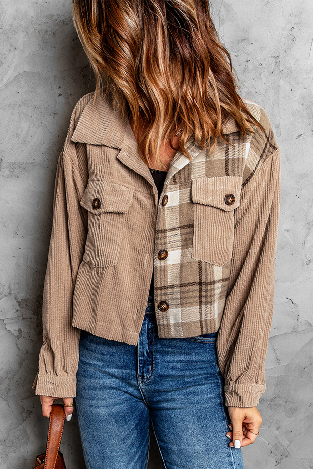 Plaid Corduroy Dropped Shoulder Jacket Print on any thing USA/STOD clothes