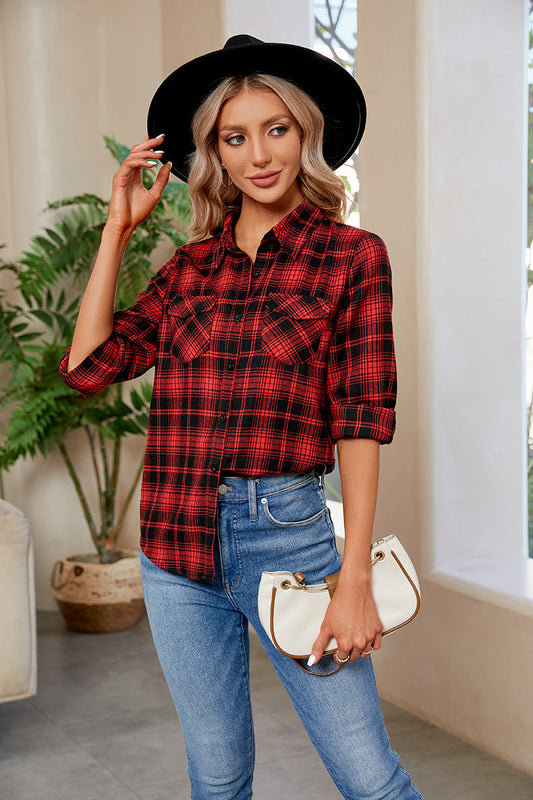 Plaid Curved Hem Long Sleeve Shirt Print on any thing USA/STOD clothes