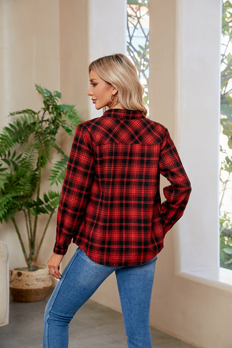 Plaid Curved Hem Long Sleeve Shirt Print on any thing USA/STOD clothes