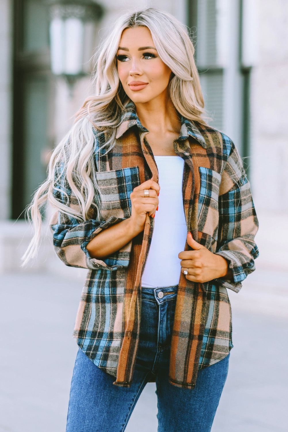 Plaid Curved Hem Shirt Jacket with Breast Pockets Print on any thing USA/STOD clothes