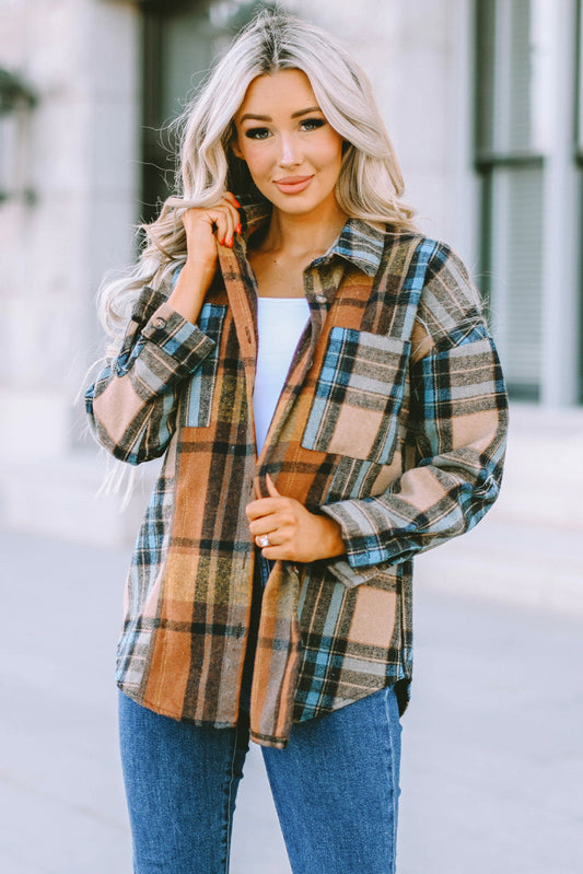 Plaid Curved Hem Shirt Jacket with Breast Pockets Print on any thing USA/STOD clothes