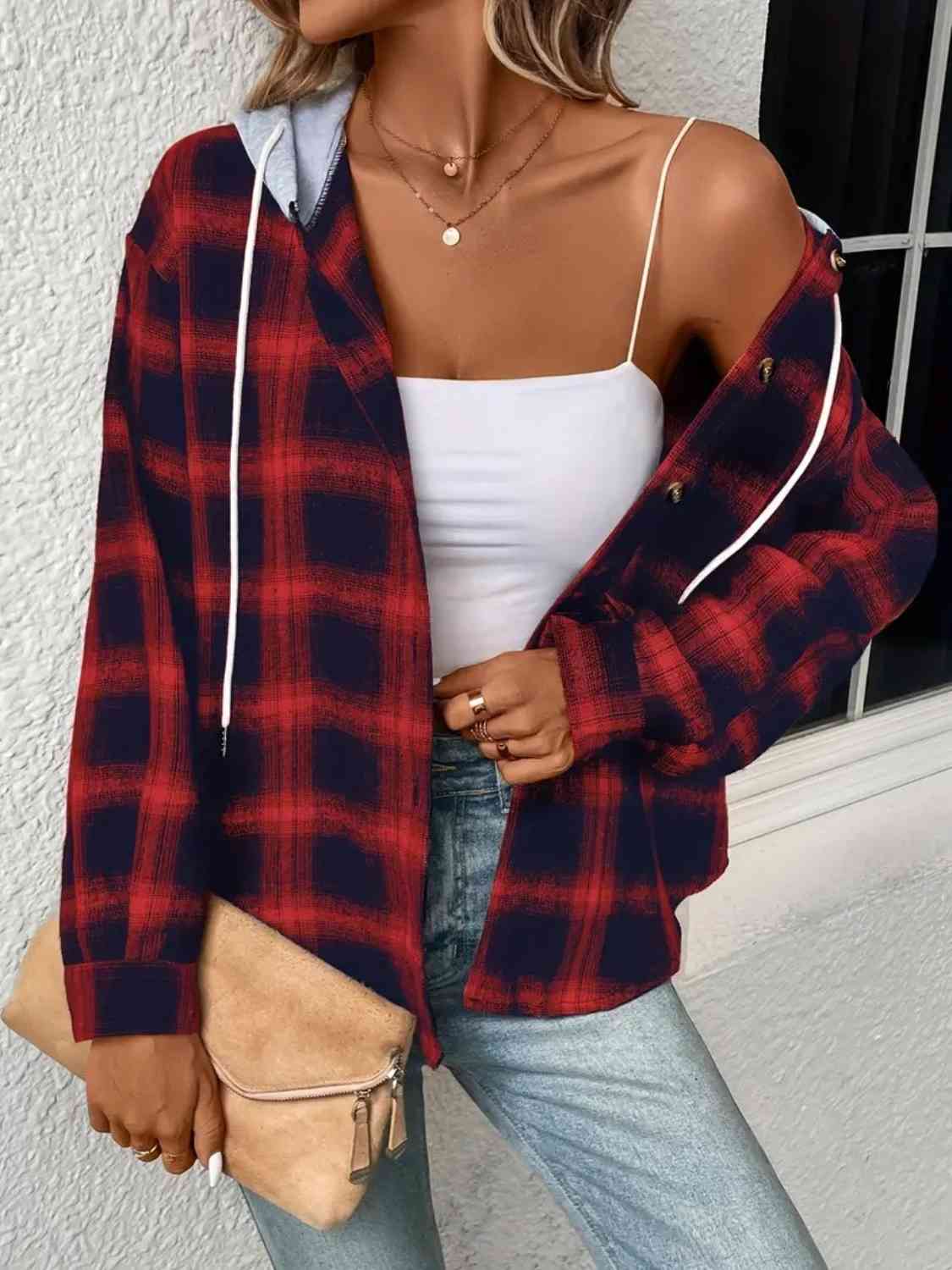 Plaid Drawstring Button Up Hooded Jacket Print on any thing USA/STOD clothes