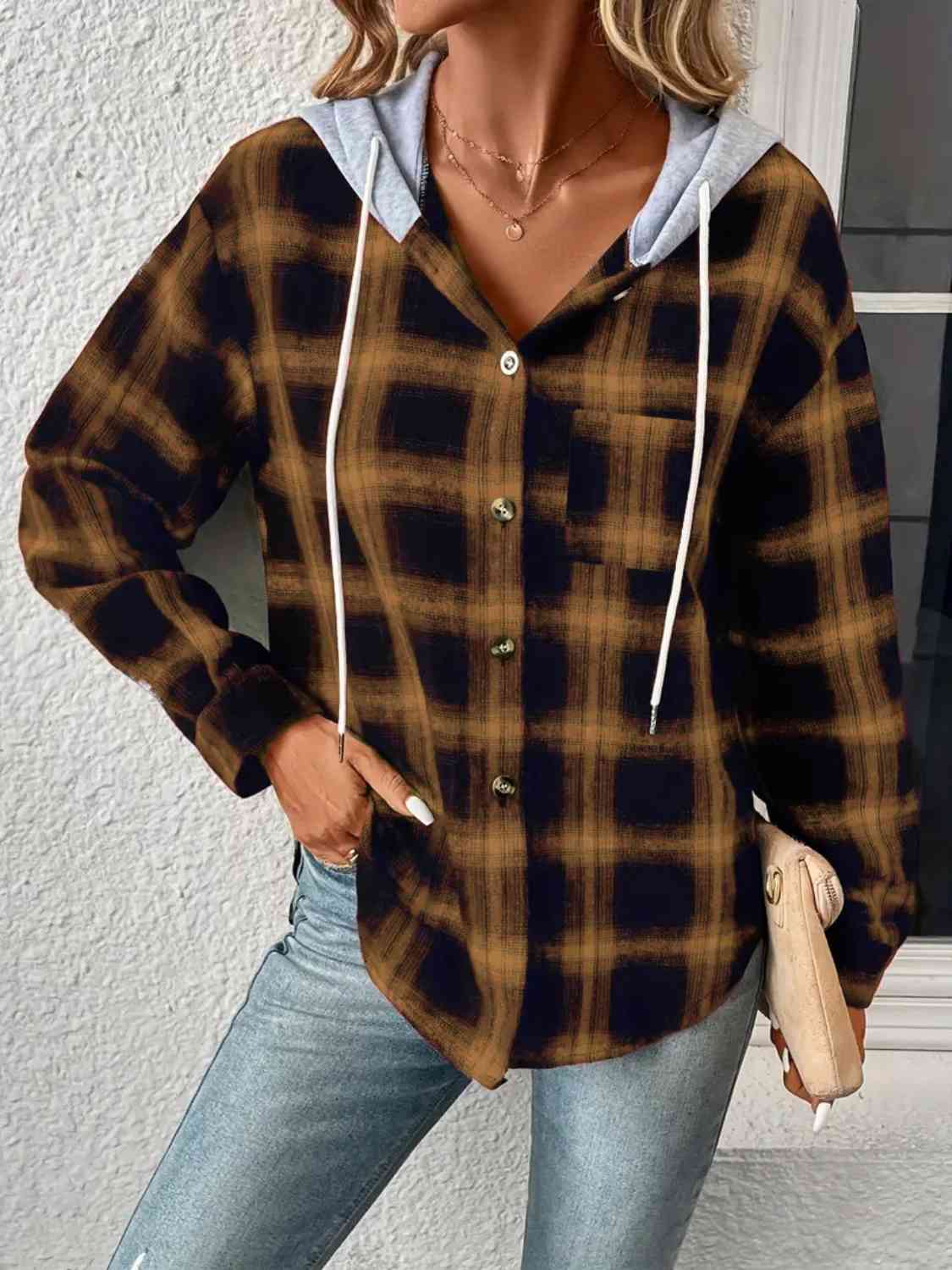 Plaid Drawstring Button Up Hooded Jacket Print on any thing USA/STOD clothes