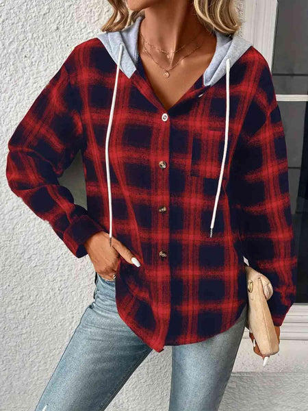 Plaid Drawstring Button Up Hooded Jacket Print on any thing USA/STOD clothes