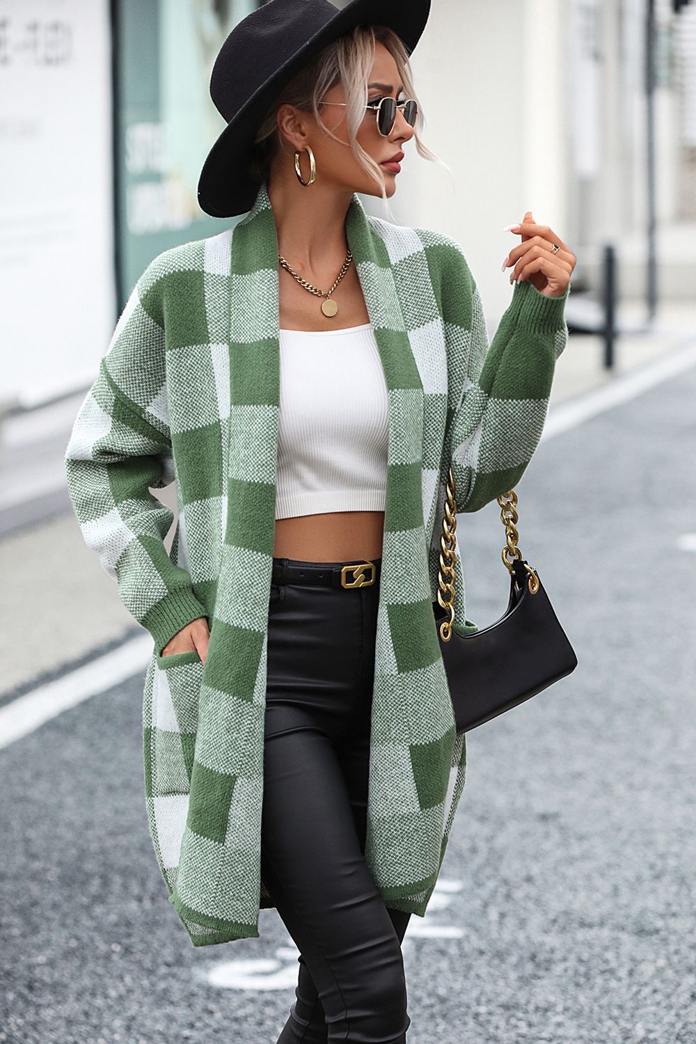 Plaid Dropped Shoulder Cardigan with Pocket Print on any thing USA/STOD clothes