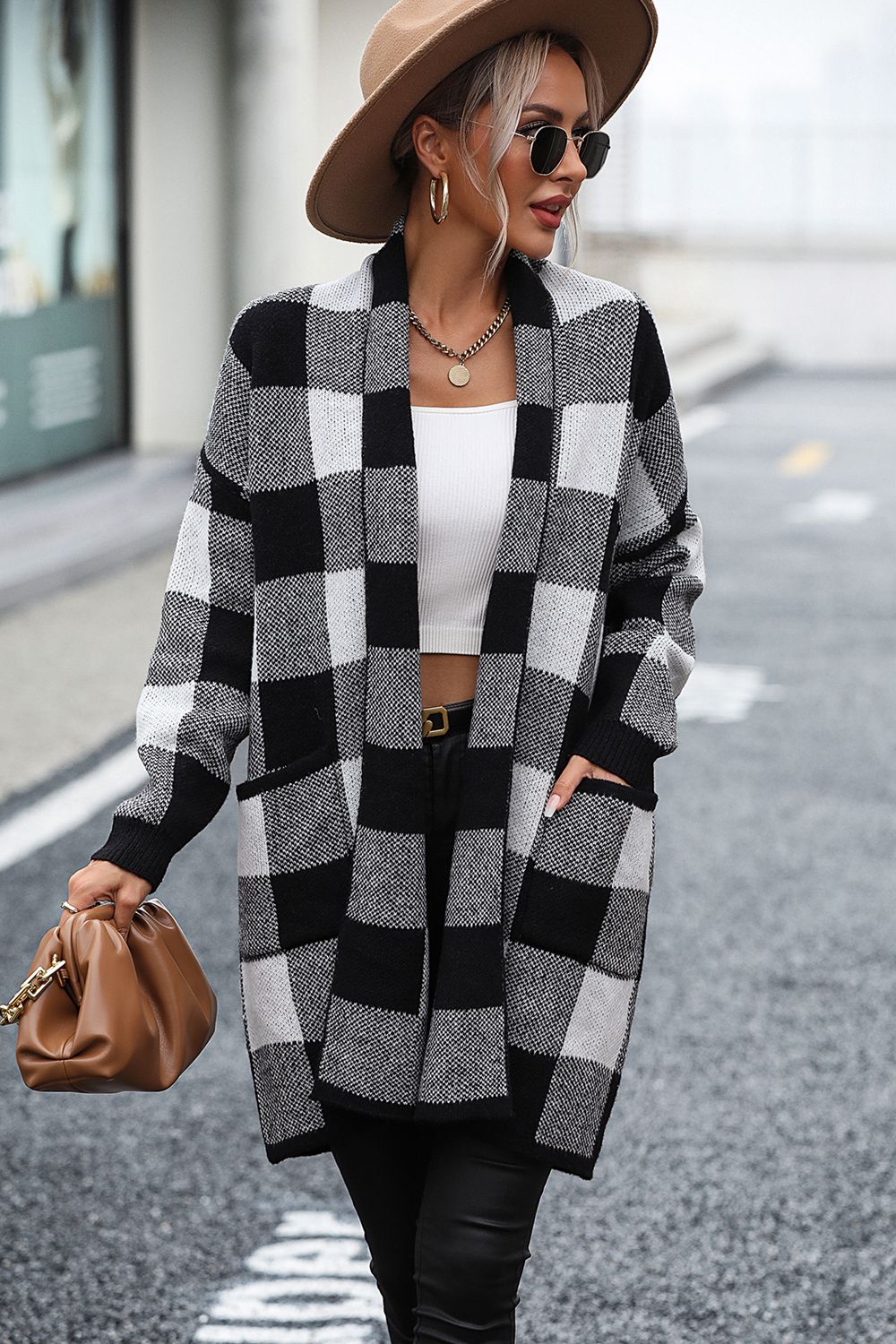 Plaid Dropped Shoulder Cardigan with Pocket Print on any thing USA/STOD clothes