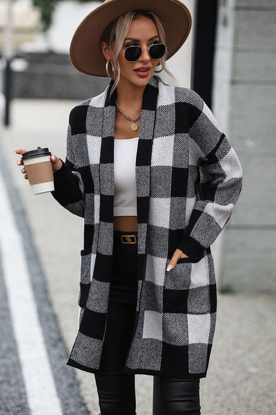 Plaid Dropped Shoulder Cardigan with Pocket Print on any thing USA/STOD clothes