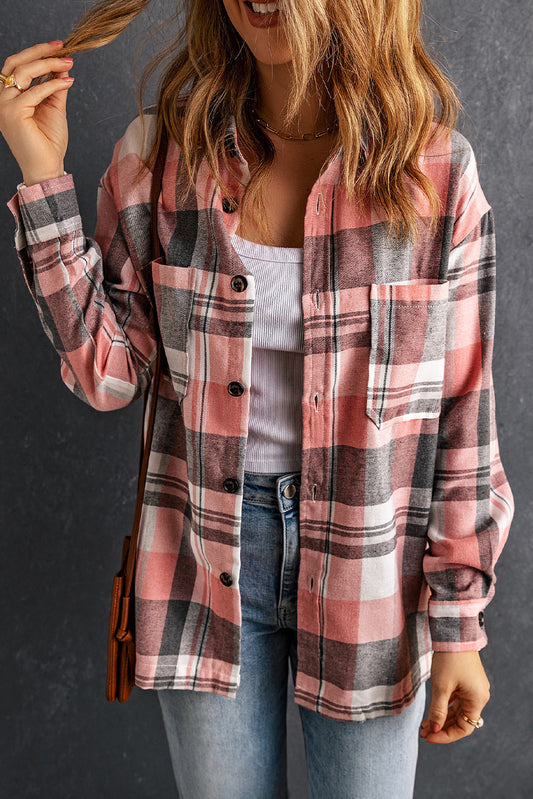 Plaid Dropped Shoulder Longline Shirt Print on any thing USA/STOD clothes