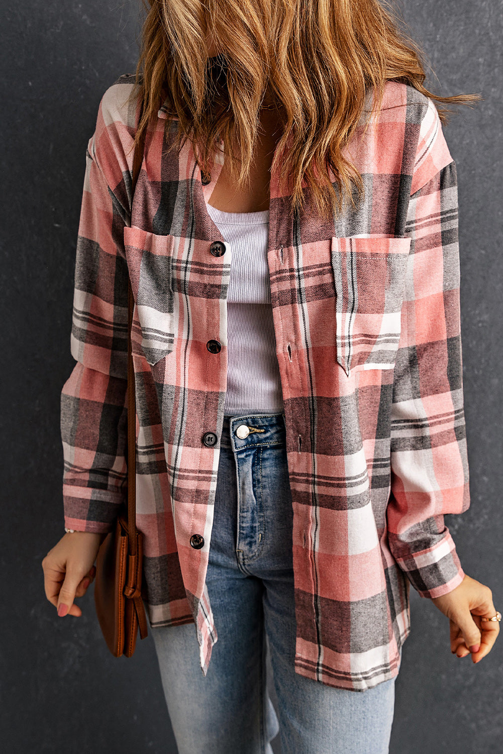 Plaid Dropped Shoulder Longline Shirt Print on any thing USA/STOD clothes