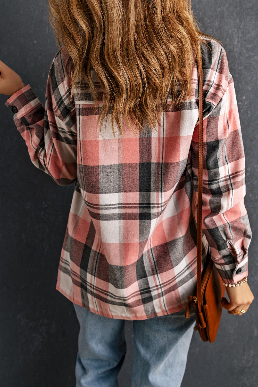 Plaid Dropped Shoulder Longline Shirt Print on any thing USA/STOD clothes