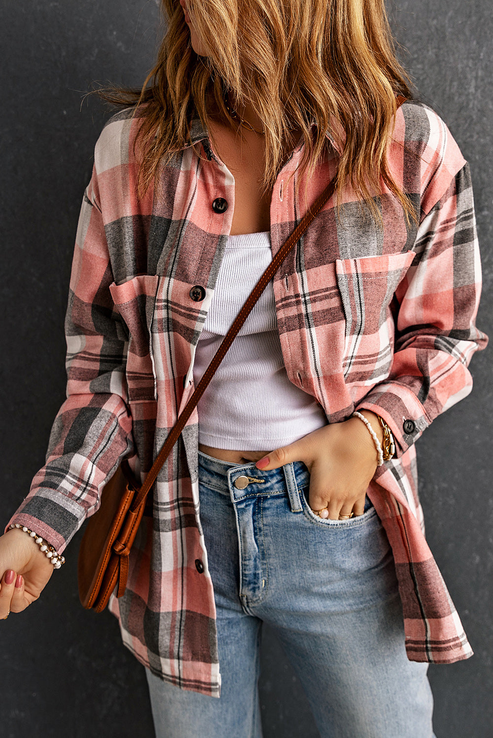 Plaid Dropped Shoulder Longline Shirt Print on any thing USA/STOD clothes