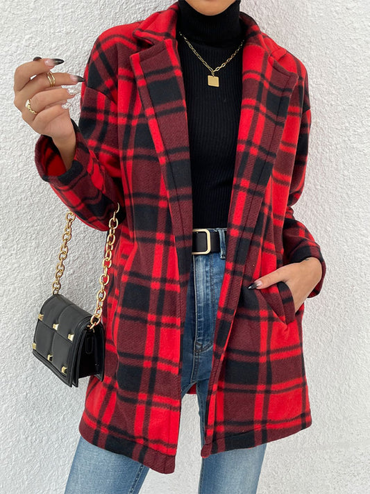 Plaid Lapel Collar Coat with Pockets Print on any thing USA/STOD clothes