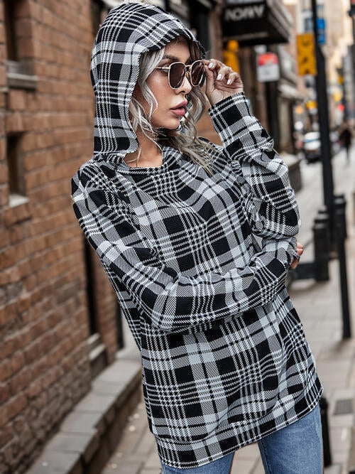 Plaid Mock Neck Long Sleeve Hoodie Print on any thing USA/STOD clothes