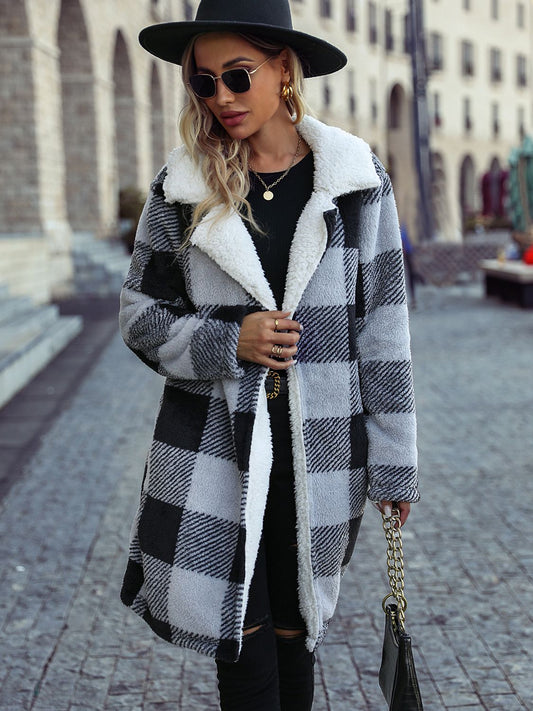 Plaid Open Front Coat with Pockets Print on any thing USA/STOD clothes