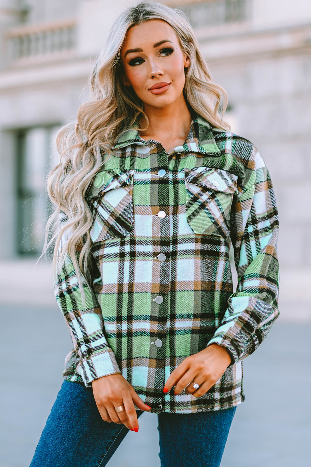 Plaid Pocketed Button Down Shacket Print on any thing USA/STOD clothes