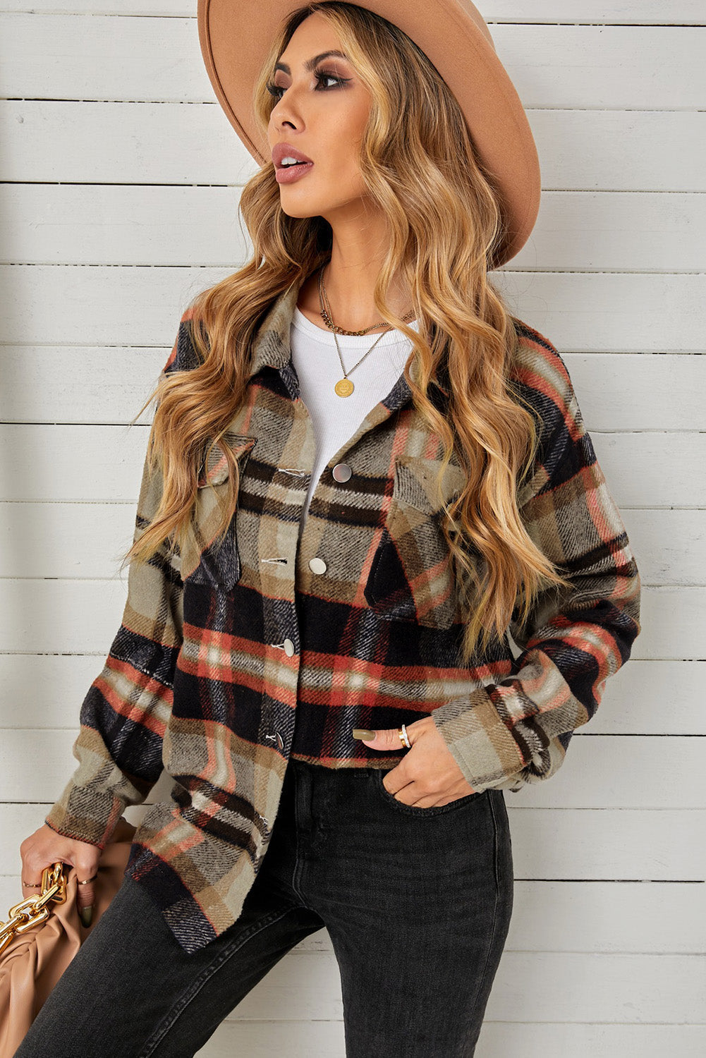 Plaid Pocketed Button Down Shacket Print on any thing USA/STOD clothes