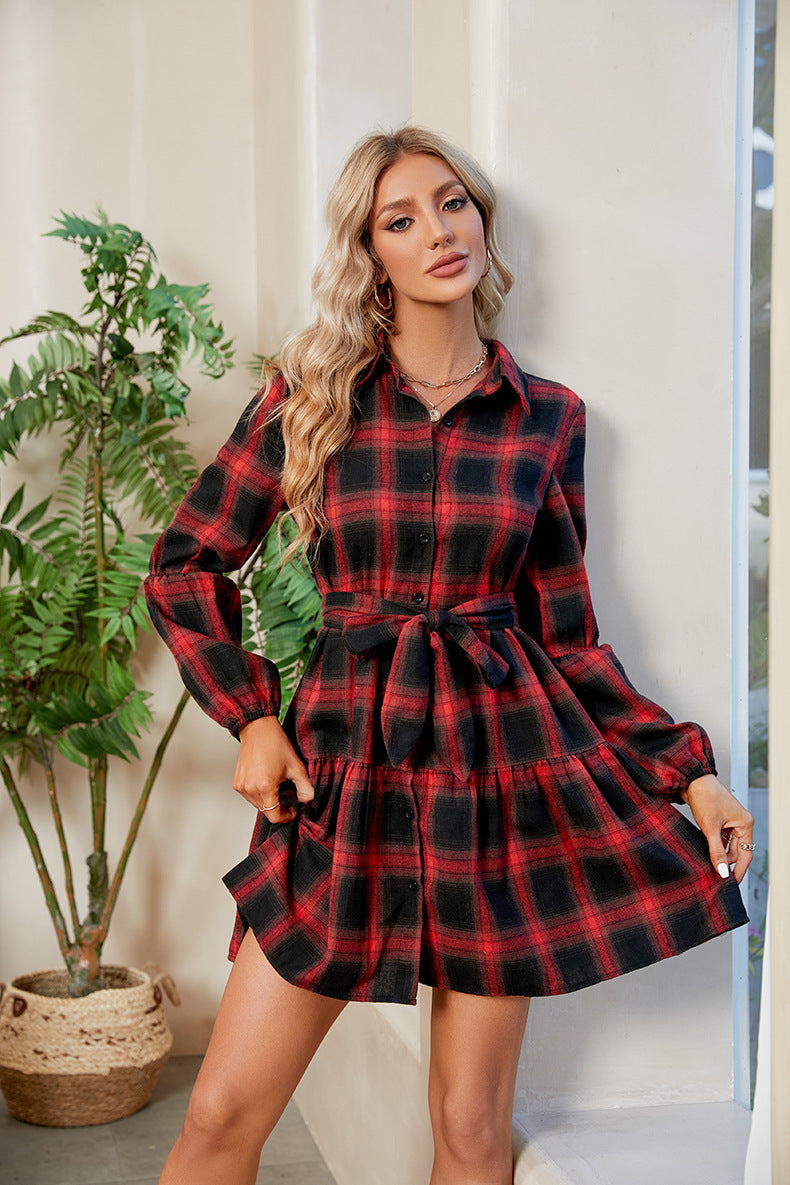 Plaid Print Tie Waist Collared Neck Shirt Dress Print on any thing USA/STOD clothes