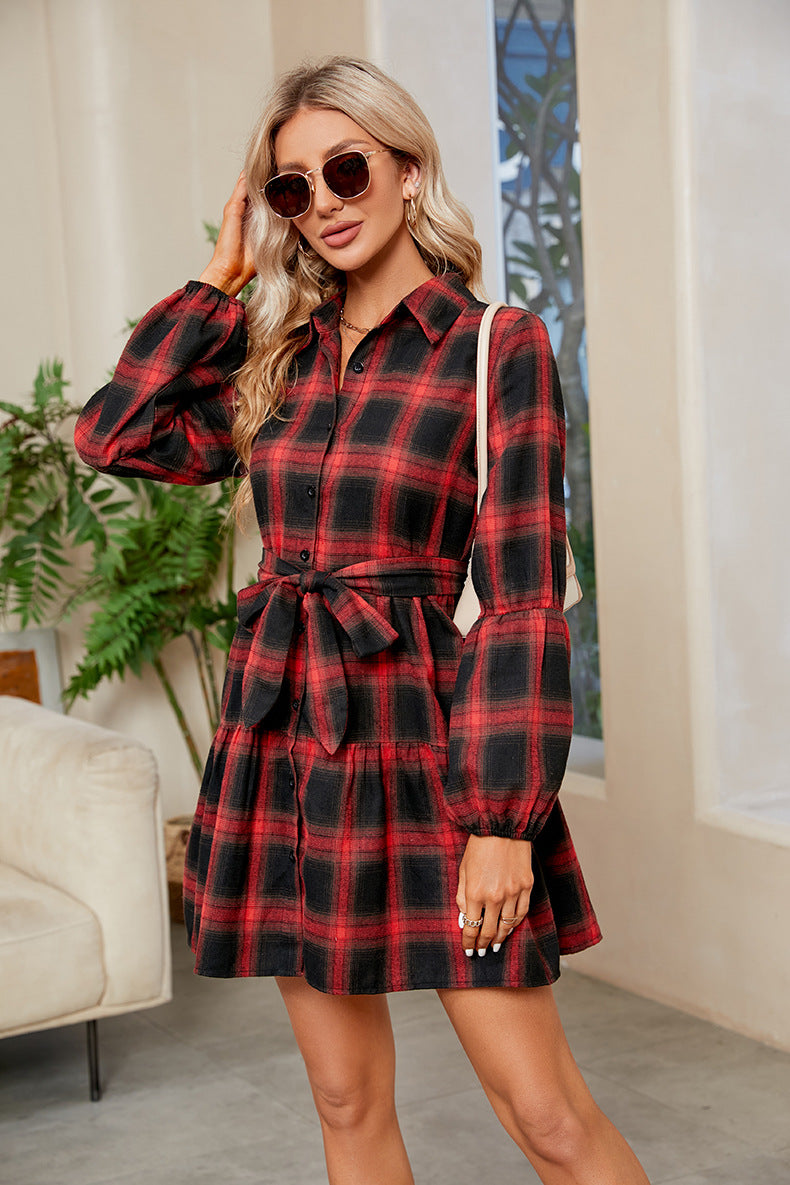 Plaid Print Tie Waist Collared Neck Shirt Dress Print on any thing USA/STOD clothes