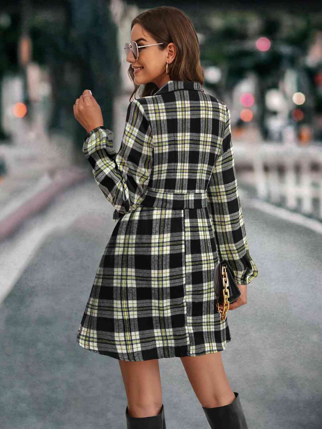 Plaid Tie Front Collared Neck Long Sleeve Dress Print on any thing USA/STOD clothes