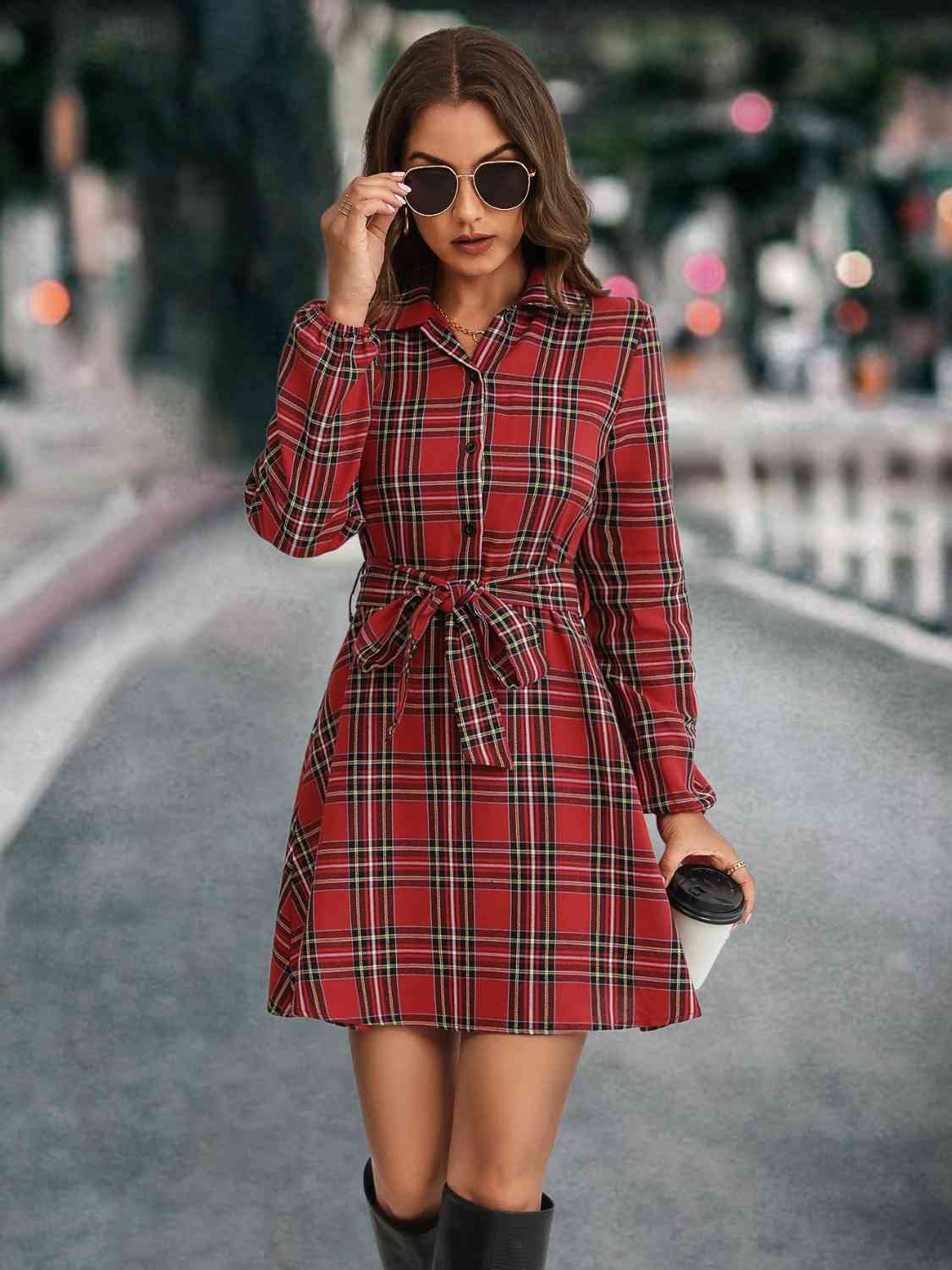 Plaid Tie Front Collared Neck Long Sleeve Dress Print on any thing USA/STOD clothes