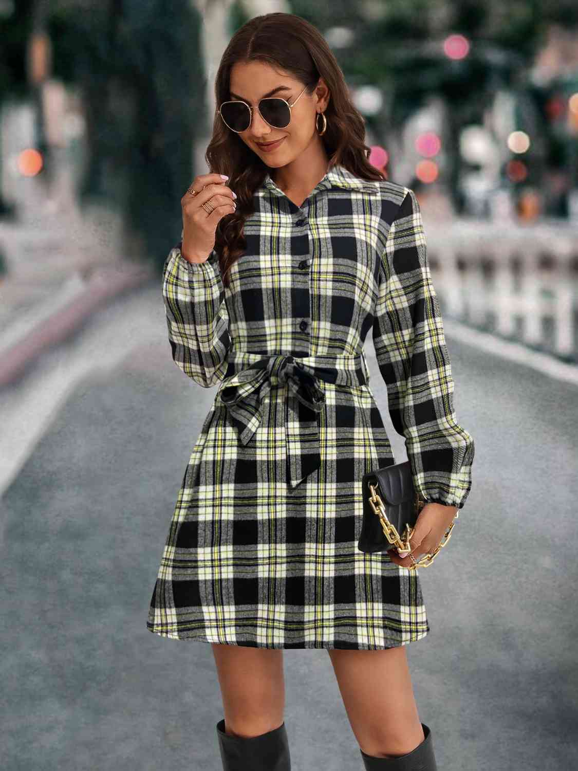 Plaid Tie Front Collared Neck Long Sleeve Dress Print on any thing USA/STOD clothes