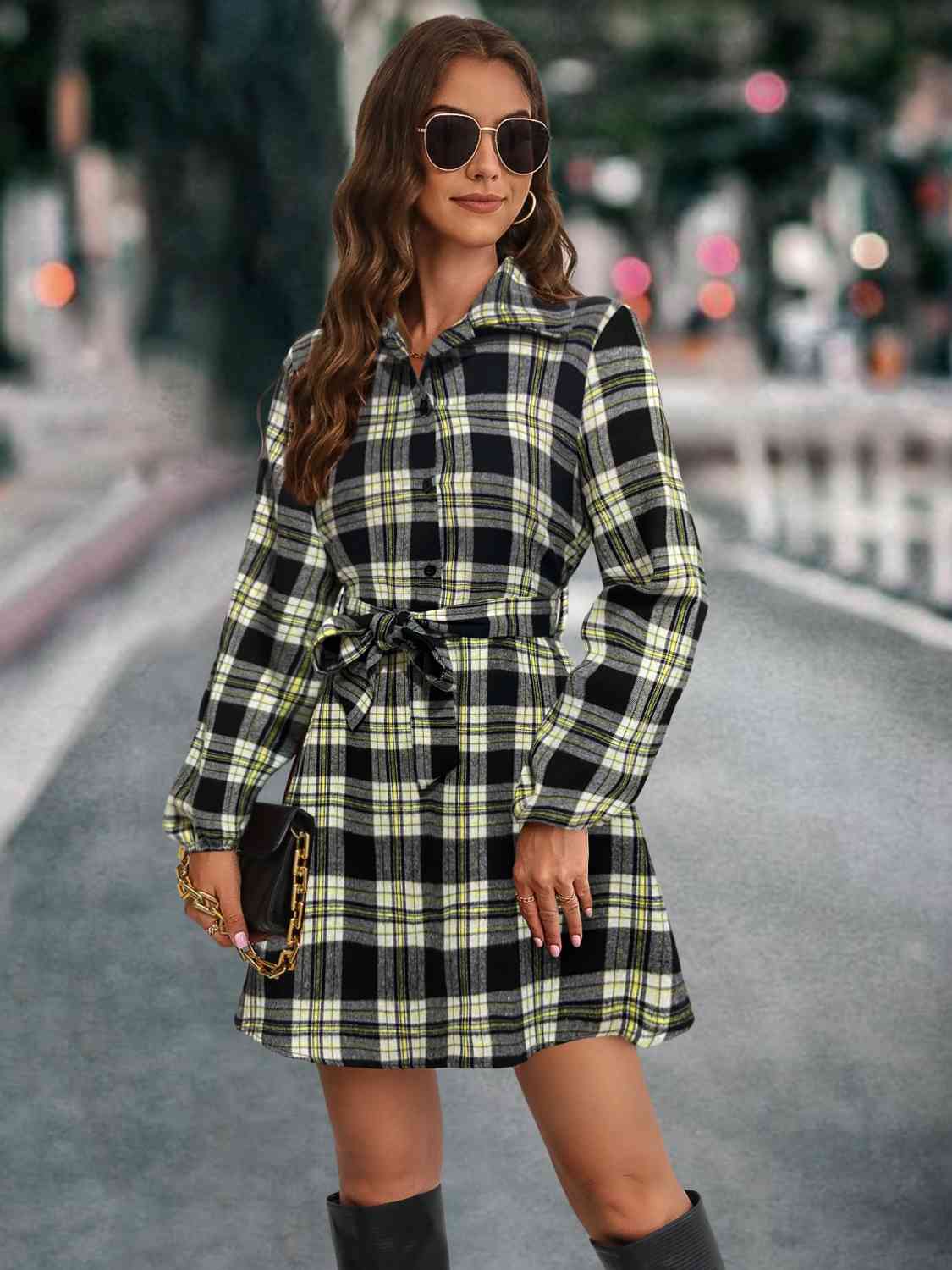 Plaid Tie Front Collared Neck Long Sleeve Dress Print on any thing USA/STOD clothes