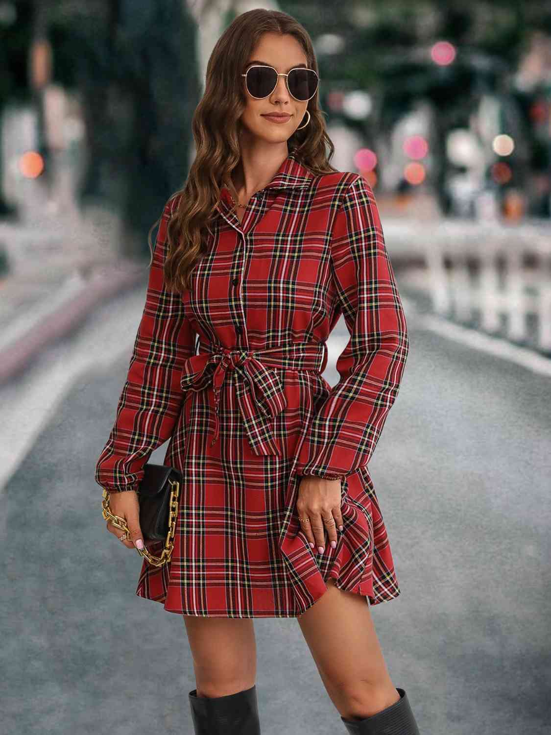 Plaid Tie Front Collared Neck Long Sleeve Dress Print on any thing USA/STOD clothes