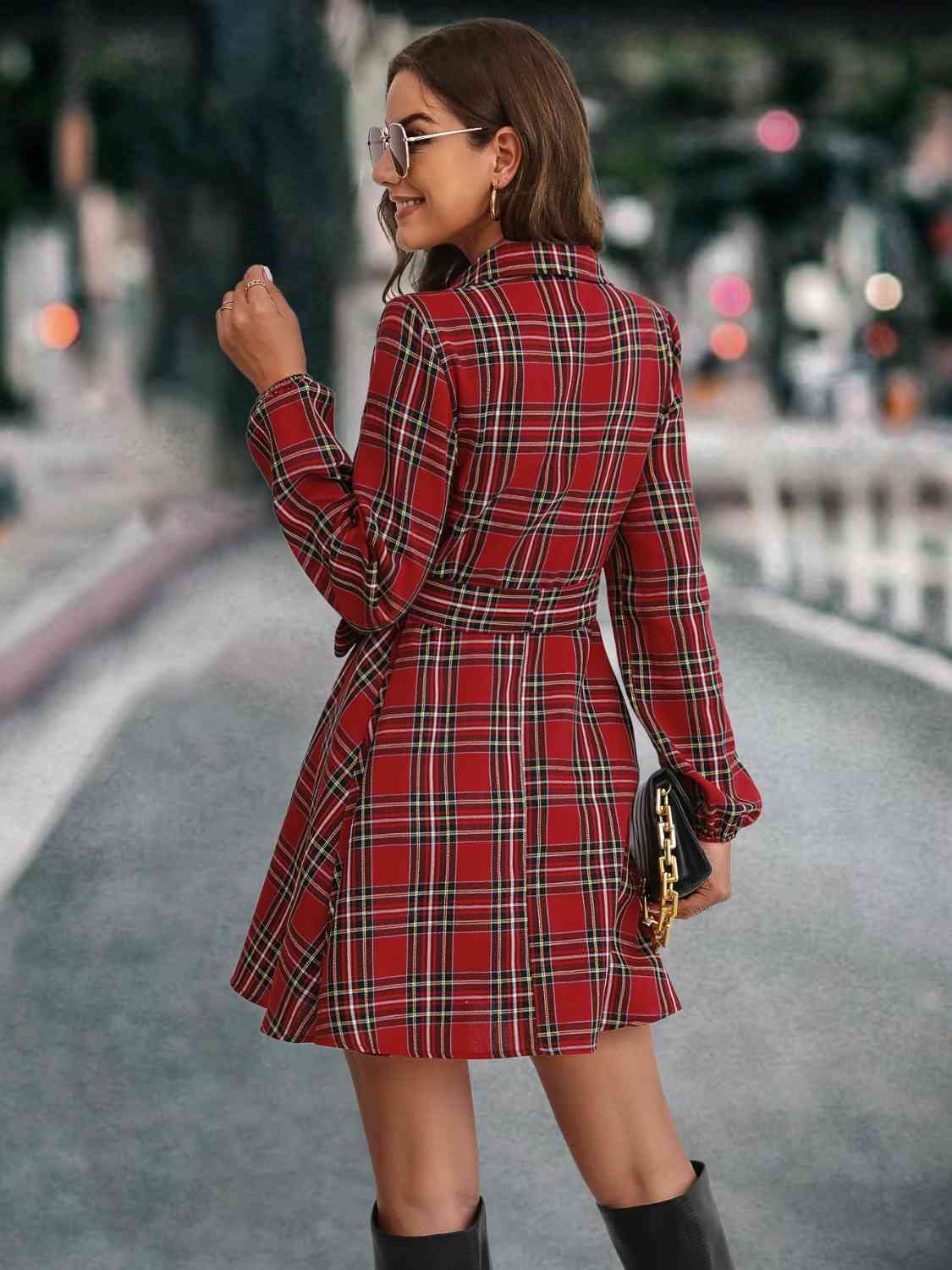 Plaid Tie Front Collared Neck Long Sleeve Dress Print on any thing USA/STOD clothes