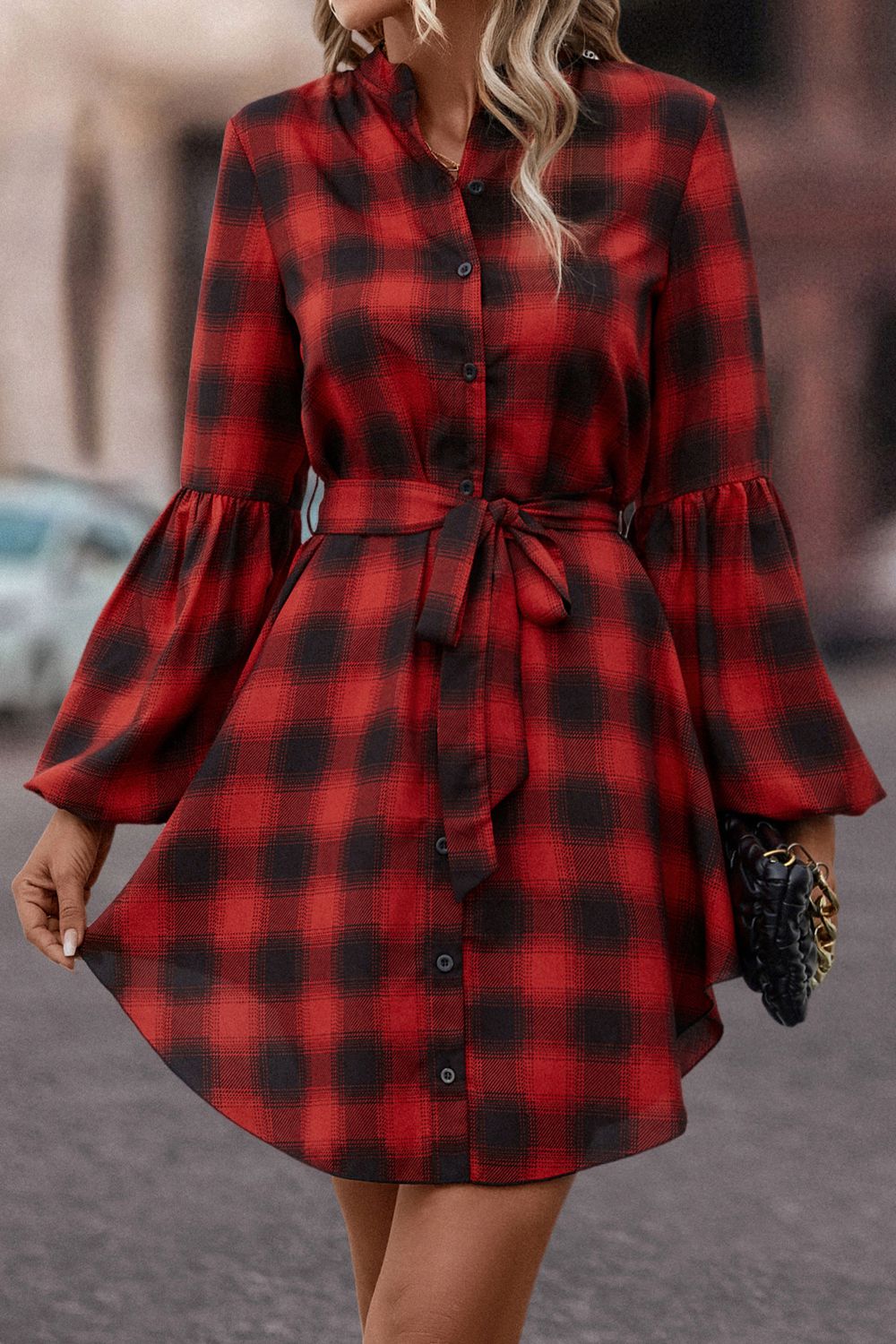 Plaid Tie Waist Balloon Sleeve Mini Dress Print on any thing USA/STOD clothes