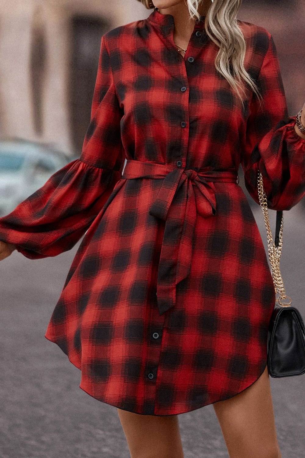 Plaid Tie Waist Balloon Sleeve Mini Dress Print on any thing USA/STOD clothes