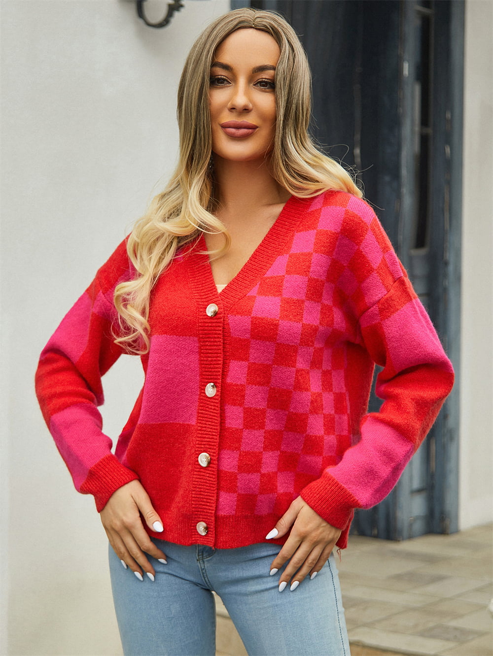 Plaid V-Neck Dropped Shoulder Cardigan Print on any thing USA/STOD clothes